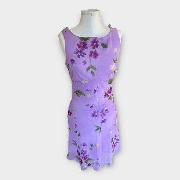 Vintage 90s Just Choon USA Purple Floral Empire Waist Dress Sheer Overlay sz 9 - Picture 3 of 12